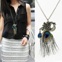 Pendant Necklaces Women&#39;s Necklace Elegant Retro Peacock Feather Crystal Long Sweater Chain Fashion Clavicle Metal Lady Jewelry