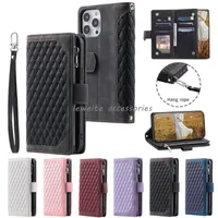 Durable PU Leather Wallet Phone Cases for iPhone 14 Pro Max 13 12 Mini 11 Xs Max Xr X SE 6 6s 7 8 Plus Magnetic Flip Lanyard Strap Wristlet Zipper Card Holder Case Cover