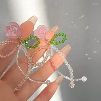 Backs Earrings HUANZHI 2022 Handmade Sweet Pink Rose Bow Tie Crystal Long Chain Non Pierced Ear Clips Beaded For Women Girls