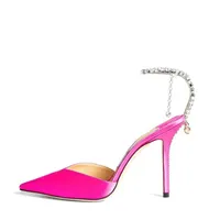 Decoración de la cadena de cristal zapatos de tacones altos de mujer Sandalias de vestimenta de lujo Moda sexy seda lentejuelas de seda rosa zapatos de fiesta de boda banquete rojo 10 cm