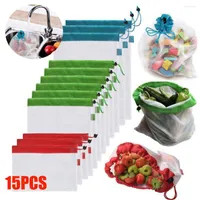 Storage Bags 12/15pcs Eco Friendly Reusable Mesh Produce Washable Tea Bag For Shopping Fruit Vegetable Toys Sundries