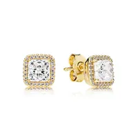 Luxury Yellow gold plated Stud Earrings with Original box for Pandora Clear Square Sparkle Halo Stud Earrings Women Girls Gift Jew2848