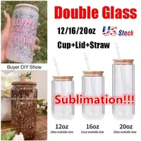 US Stock 12/16/20OZ Double Wall Glass Cup with Bamboo Lid and Straw Transparent Tea Juice Milk Coffee Can Cup Wine Cola Drinkware