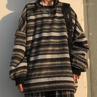 Kadın Sweaters Deeptown Harajuku Çizgili Örme Süvari Kadın Kore tarzı Vintage Büyük Boy Uzun Kollu Yuvarlak Boyun Jumper Sonbahar Kış