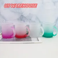 US Warehouse 11oz/16oz DIY Sublimation Glass Mugs with Handle Gradient Colors Heat Transfer Printing Colored Bottom Frosted Water Cups in Individual Foam Box