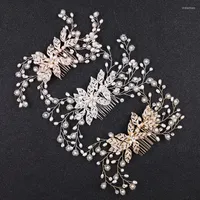 Clips de cabello Tuanming Crystal Bride Coce Combs a mano Pearl Rhinestone Stick Gold Wedding Jewelry Accesorios para fiestas estrelladas de novia
