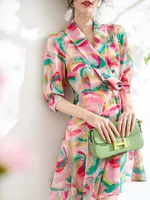 Parti Elbiseleri Qingziyou En Kaliteli Yaz Kadınlar Sanat Atmosfer Yüksek Renkli Baskı Mulberry Silk Bir Parçalı Sarma Elbise