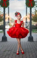 Lace schattig bloemenmeisje jurken voor bruiloft rode optochtjurken voor fotoshoot knie lengte paty verjaardag eerste communie jurk