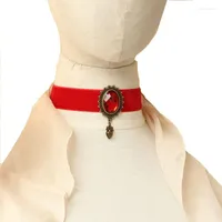 Choker Womens Sexy Red Flannelette Ribbon Oval Stone Drop Handmade Collar Short Necklace Bronze Vintage Gothic Bridal Cosplay