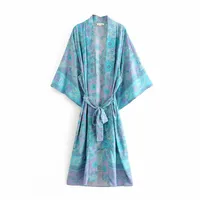 Женские блузкие рубашки Женщины длинные халаты кимоно кардиган лето -бого синий цветочный принт мода богемные пояс