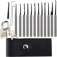 Hand Tools 15pcs lock pick set with practice lock Transparent Training Padlock Stainless Steel for Beginners293e