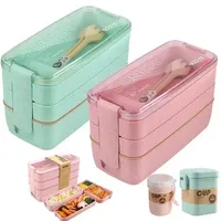 Wheat Straw Lunch Boxes for Kids Tuppers Food Containers School Camping Supplies Dinnerware Leak-Proof 3 Layer Bento Boxes 906