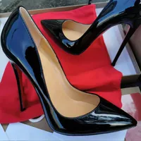 2023女性の靴ハイヒールなので、ケイト本革のセクシーな尖ったつま先8cm 10cm 12cmポンプレッドソールウェディングドレスシューズヌードブラックシャイニー34-44ボックスなし