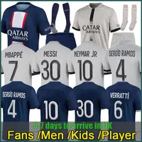 Hakimi Mbappe Oyuncu #30 Futbol Jersey Sergio Ramos Maillots De Futbol 2022 2023 Marquinhos Verratti PSGS Hakimi Erkekler Çocuk Kiti Gömlek Üniformaları Maillot Ayak Üçüncü