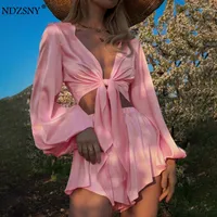 Frauen Tracksuits Ndzsny sexy Sets zwei St￼cke Frauen rosa Strickjacke Hemd Langarm Verband Tops Elastic Taille kurz 2022 Sommeranzug