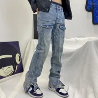 Erkek kot pantolon yüksek cadde fermuar hiphop ince retro açık mavi kot pantolon erkek ve erkek trend tam uzunlukta pantolon