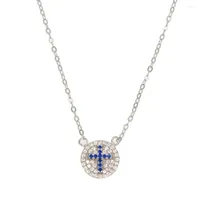 Chains Simple 925 Sterling Silver Jewelry Pave Blue Sparkling Cz Tiny Cross Roud Disk Pendant Chocker Necklaces For Women