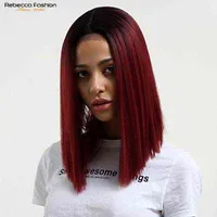 Synthetic Wigs Rebecca Straight Hair Lace Part Wig Human Hair Wigs For Women Middle Part Lace Wig Peruvian Remy Short Bob Wig Ombre Burgundy T220907