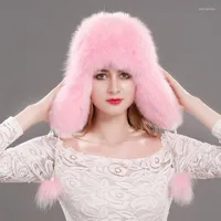 ベレー帽ロシアの毛皮の帽子編みキャップ冬の本物の爆撃機の帽子女性100％天然本物の革のトップキャップ女性