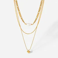 Collares colgantes acero inoxidable placas de oro de 18 km de tres capas Coraz￳n natural Cadena de perlas de agua dulce para mujer para mujer