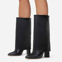 Boots New Arden Furtado 2022 Winter Women's shoes The Crocodile Grain Women Black Pointed Toe Chunky Heels 11cm Half 47 48 220906