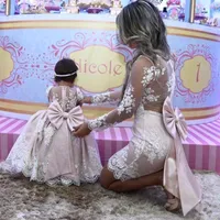 Mother Daughter Princess Pink lace Ball Gown Flower Girl Dresses Long Sleeves Mother Of Bride Dresses With Big Bow305F