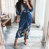 Casual Dresses 2022 Women Summer Sexy Leaf Pattern Print Tied Detail Ruched Shirt Dress Vintage Bodycon Party Long176k