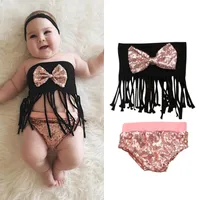 Yaz bebek kız iki parçalı mayo siyah püskül tüp üstleri payet şortlu çocuk yüzme takım elbise