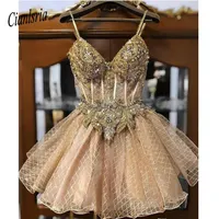 2020 Champagne Champagne Crystals HomeComing Homeming Dresses Spaghetti A-Line Lace Dretuation Dresses Short Sexy Cocktail Party Orvics201r
