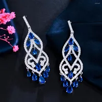 Dangle Ohrringe cwwzircons Europ￤ische blaue kubische Zirkonia -Kristall Quaste Tassel Drop Langer Kronleuchter Earring Hochzeit Prom Schmuck f￼r Frauen CZ116