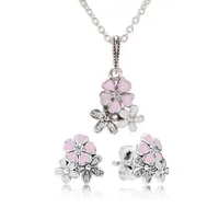 Authentic 925 Sterling Silver Pink Enamel flower Pendant Necklace Earring Set with box for Pandora Jewelry Womens Earrings195K