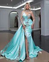 Glamouröser See Blue Evening Kleid hohe Illusion Langarme Promkleider Strass Side Split Party Kleider Mitte gemacht
