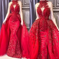 Glamorous Mermaid 2018 Prom Dress With Overskirt High Neck Beads Lace Applique Sleeveless Evening Dresses Stylish Arabia Dubai Pro2586