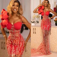 2022 Arabic Aso Ebi Red Mermaid Prom Dresses Sequined Lace Sparkly Evening Formal Party Second Reception Birthday Engagement Gowns Dress ZJ555
