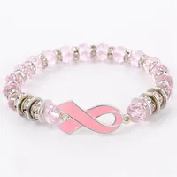 Brustkrebsbewusstsein Perlen Armbänder rosa Band Armband Glas Dom Cabochon Knöpfe Charmes Schmuck Geschenke für Mädchen Frauen324b