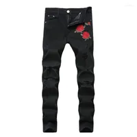 Jeans para hombres Trade rosas bordado de vaquero estiramiento rastrear hombres de moda hip hop flaco mezclilla angustiada negra negra