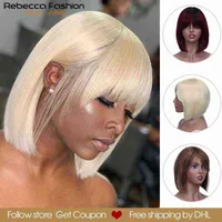 Synthetic Wigs Rebecca Mix Color Short Bob Cut Straight Hair Wig Peruvian Remy Human Hair Wigs For Women Ombre Red Blond Wigs DHL T220907