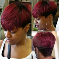 Full Machine Made Wig black Burgundy Pixie Cut Wig Human Hair Straight Glueless Short none lace front Wigs For Women Remy