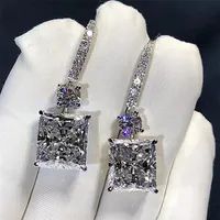 Victoria Luxury Jewelry 925 Sterling Silver Princess Cut White Topaz Platinum Plated Diamond Dangle Earring Women Bridal Hook E325O
