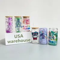 USA Warehouse Double Wall SubliMation Glass Tumbler 16oz Snow Globe Glass Can Mugs With Bamboo Lid Beer CP For Custom Gift 908