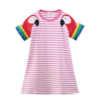 Mädchenkleider springen Messgeräte Streifen Sommer Kinder mit Vogelapplikation süße amerikanische Baumwoll -Prinzessin Mädchen Kleider Kleidung