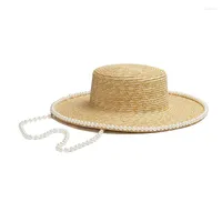 Cappelli larghi Panama Donne's Summer Hat Decoration Pearl Chain Protection Cap femmina Flat Top Paglie Beach