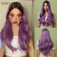 Lace Wigs HENRY MARGU Long Wavy Synthetic for Women Purple Natuarl Hair with Dark Root Cosplay Halloween Daily Heat Resistant Wig 0908