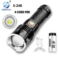 Mocna latarka LED USB 4-rdzeniowa latarka P90 Super jasna wodoodporna 26650 Lantern Teleskopic Zoom Portable Outdoor Flash Light J220713