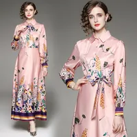 2022 designer de moda estiloso vestido rosa mulheres manga comprida botão vintage camise