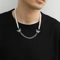 Hip Hop Pearl Acero inoxidable Collar de collar para hombres y mujeres Collar de clav￭cula de mariposa de color simple277T