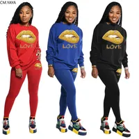 CM Yaya Lips Love Print Classic Women 's Two Piece 세트 스웨트 셔츠 조깅 바지 바지 정장 트랙 슈트 매칭 세트 x0234W