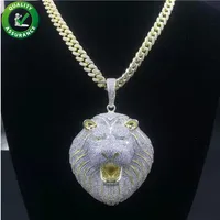 Real 14K Gold Jewelry Mens Iced Out Big Lion Head Pendant med Cuban Link Chain Hip Hop Necklace Rapper Fashion Accessories250L