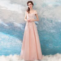 2023 Dusky pink Prom Dresses A Line Off Shoulder Lace Appliques Tulle Floor Length Cheap Homecoming Party Dress Evening Gowns