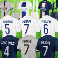 Maillot Mbappe voetbalshirts Hakimi Sergio Ramos 23 PSGS Maillots de Football 2022 2023 Marquinhos Verratti Men Kids Kit Wijnaldum Uniformen Enfants
